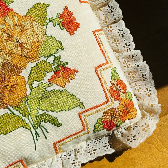 Finished Golden Bee Stamped Cross Stitch Kit Pansies Pillow 14”X 14” - Picture 3 of 9